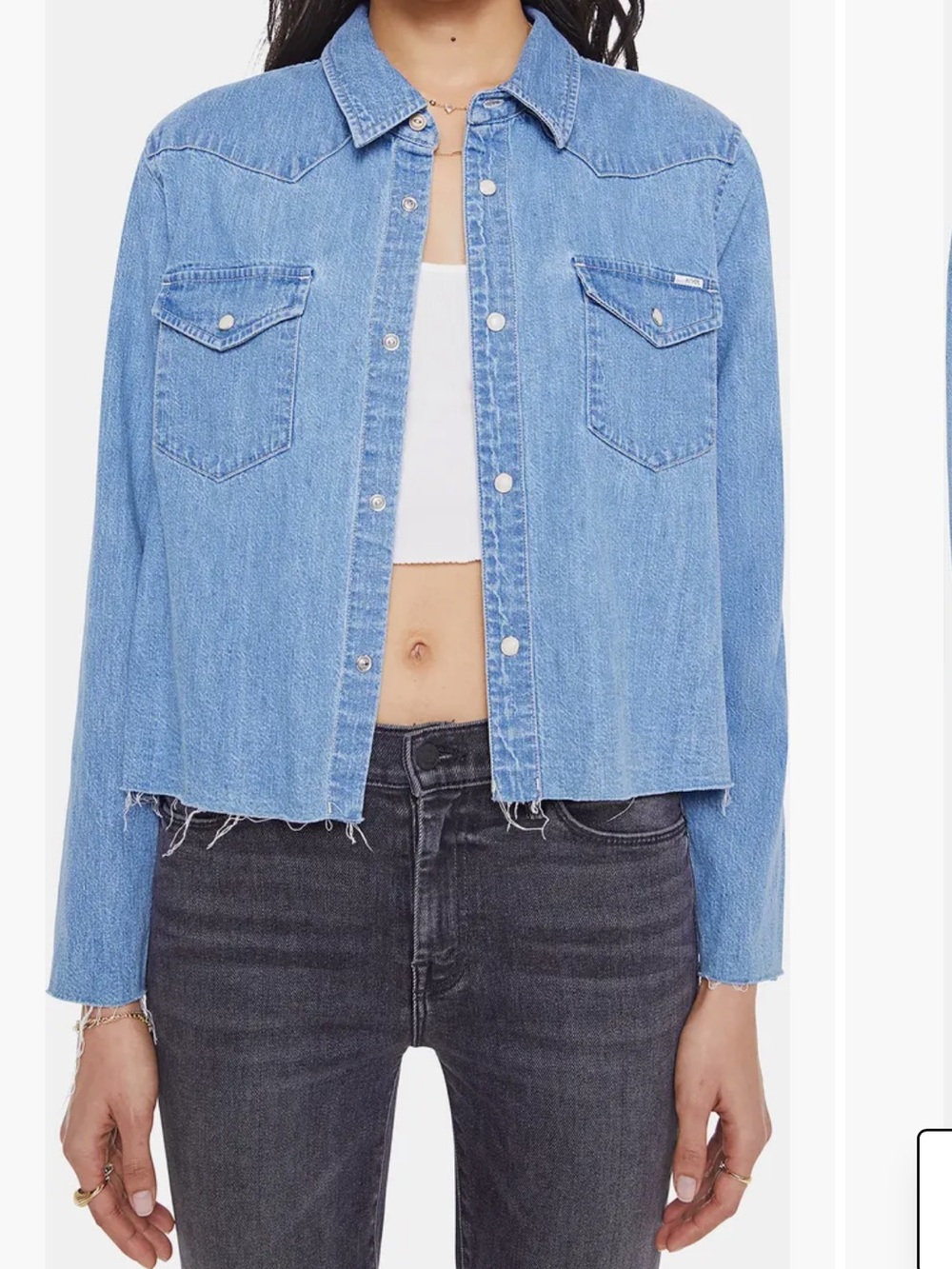 The Super Exes Frayed Step Hem Crop Snap-Up Denim Shirt - Sz L ✨NWT✨